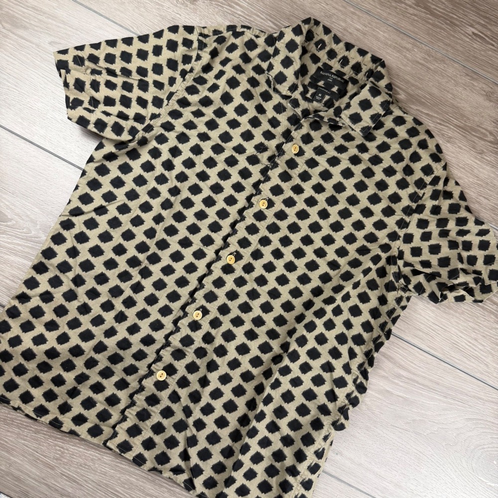 Banana Republic Mens Button Front Shirt Linen Blend Diamond Print Tan Black M